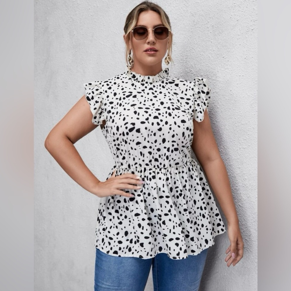SHEIN Plus All Over Print Ruffle Trim Peplum Blouse SIZE 1X (14)
